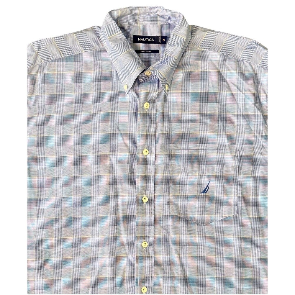 Nautica Classic Easy Care Mens Blue Yellow Plaid Long Sleeve Button Down Size XL